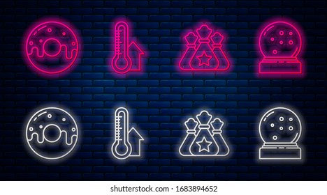 Set line Meteorology thermometer measuring, Santa Claus bag gift, Donut with sweet glaze and Christmas snow globe with fallen snow. Glowing neon icon on brick wall. Vector
