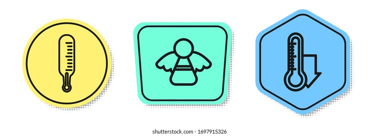Set line Meteorology thermometer measuring, Christmas angel and Meteorology thermometer measuring. Colored shapes. Vector