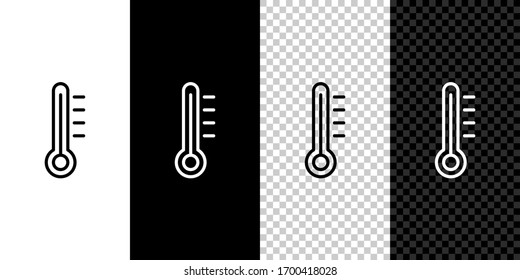 Set line Meteorology thermometer measuring icon isolated on black and white background. Thermometer equipment showing hot or cold weather. Vector Illustration