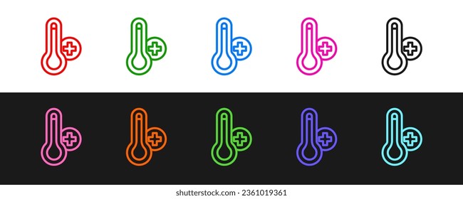 Set line Meteorology thermometer measuring heat and cold icon isolated on black and white background. Thermometer equipment showing hot or cold weather.  Vector