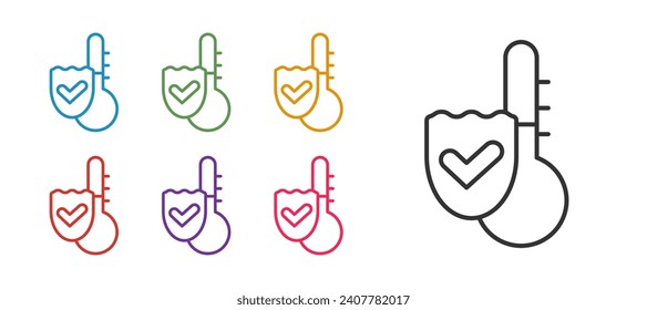 Fijar línea Icono de medición del termómetro de meteorología aislado en fondo blanco. Equipo termómetro que muestra el clima cálido o frío. Indique los iconos en colores. Vector