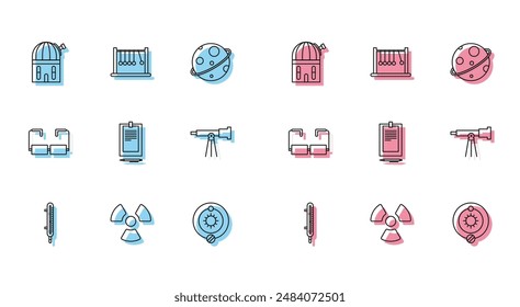 Set line Meteorologie Thermometer Messung, Radioaktiv, Astronomische Sternwarte, Sonnensystem, Zwischenablage mit Dokument, Teleskop, Brille und Pendelsymbol. Vektorgrafik