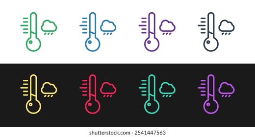 Set line Meteorology thermometer measuring icon isolated on black and white background. Thermometer equipment showing hot or cold weather.  Vector Illustration