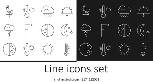 Set line Meteorology thermometer, Moon and stars, Cloud with rain, Fahrenheit, Storm, Rooster weather vane, Eclipse of sun and  icon. Vector