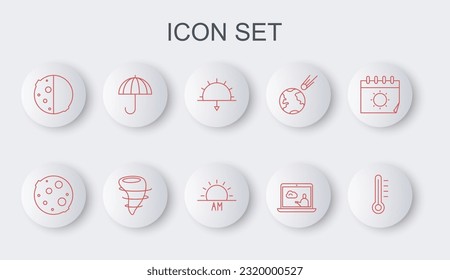 Fija línea Termómetro de meteorología, Luna, puesta de sol, pronóstico del tiempo, Eclipse de sol, paraguas, Tornado y icono de amanecer. Vector