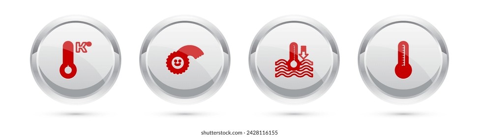 Set line Meteorology thermometer, Rainbow with sun, Water and . Silver circle button. Vector