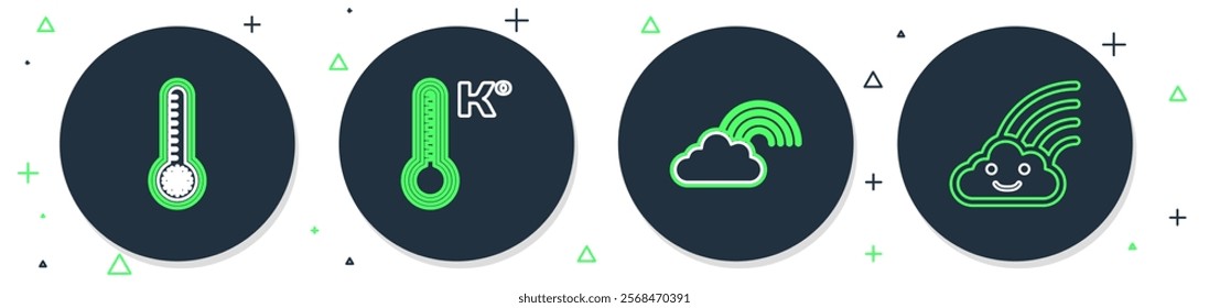 Set line Meteorology thermometer, Rainbow with cloud,  and  icon. Vector
