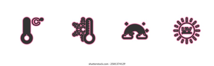 Set line Meteorology thermometer, Rainbow with clouds, Thermometer snowflake and UV protection icon. Vector