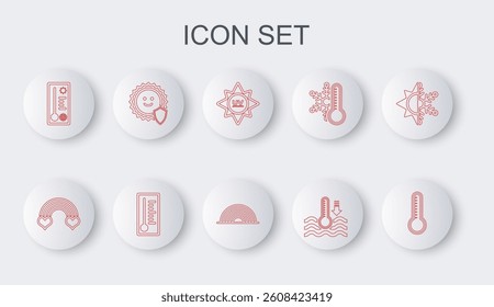 Set line Meteorology thermometer, Rainbow with heart, UV protection, Water,  and  icon. Vector