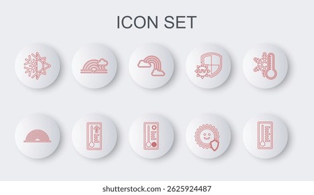 Set line Meteorology thermometer, Rainbow, with clouds, UV protection, Sun and snowflake,  and  icon. Vector