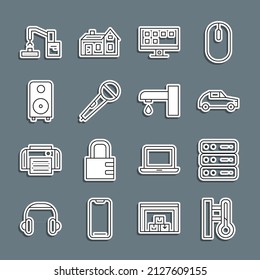 Fijar línea Termómetro de meteorología, Servidor, Datos, Alojamiento Web, Coche, Tv Inteligente, Micrófono, Altavoz Estéreo, Robótica robot brazo de fábrica y Icono de grifo de agua. Vector