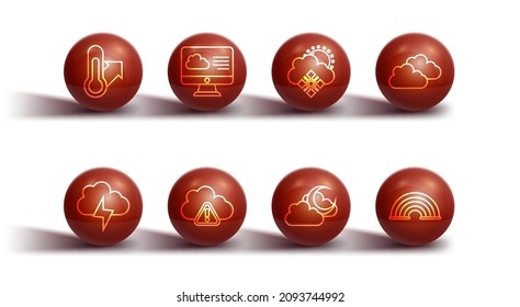 Set line Meteorology thermometer, Storm, Cloud, with moon, warning, Weather forecast, Rainbow and snow and sun icon. Vector