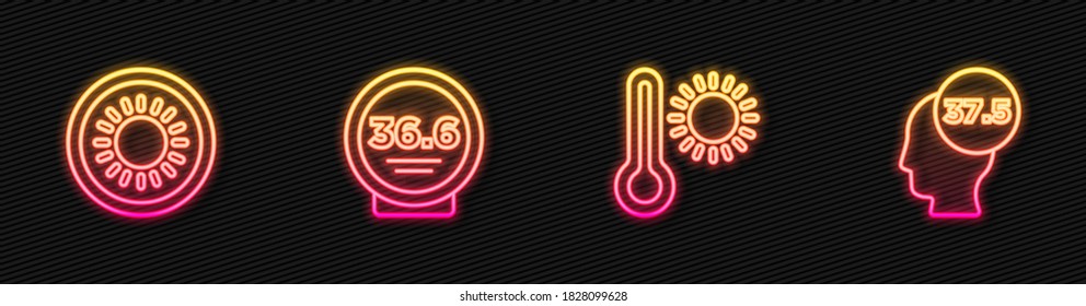 Set line Meteorology thermometer, Sun, Medical and High human body temperature. Glowing neon icon. Vector
