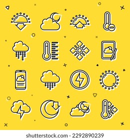 Set line Meteorology thermometer, Sun, Weather forecast, Sunrise, Cloud with rain, Sunset and Snowflake icon. Vector