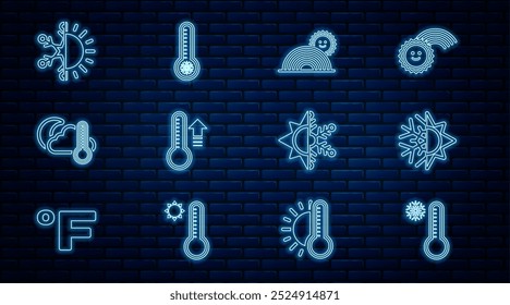 Set line Meteorology thermometer, Sun and snowflake, Rainbow with sun, Thermometer cloud, moon,  and  icon. Vector