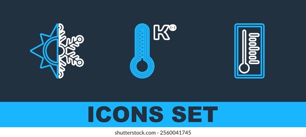 Set line Meteorology thermometer, Sun and snowflake and  icon. Vector