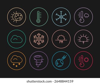 Definir linha Termômetro de meteorologia, Nascer do Sol, Floco de Neve, Nuvem, Eclipse do Sol, Pôr do Sol e ícone. Vetor