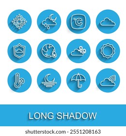 Set line Meteorology thermometer, Sunset, Snowflake, Umbrella, Rainbow with clouds, Water drop percentage,  and Windy weather icon. Vector