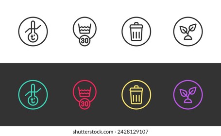 Set line Meteorology thermometer, Temperature wash, Trash can and Plant based on black and white. Vector