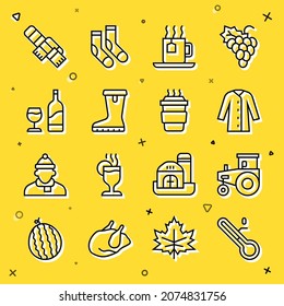 Set line Meteorology thermometer, Tractor, Raincoat, Cup of tea with tea bag, Waterproof rubber boot, Wine bottle glass, Winter scarf and Coffee cup go icon. Vector