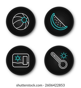 Set line Meteorology thermometer, Travel postcard, Watermelon and Beach ball icon. Vector