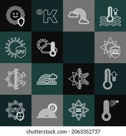 Set line Meteorology thermometer, UV protection, Rainbow with clouds, Thermometer and cloud, sun,  and  icon. Vector