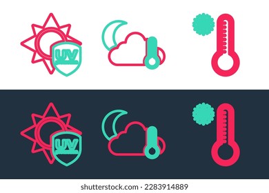 Set line Meteorology thermometer, UV protection and Thermometer and cloud, moon icon. Vector