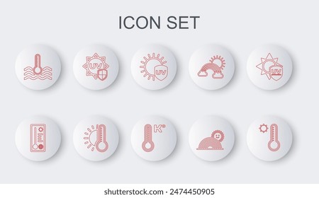 Set line Meteorology thermometer, UV protection, Rainbow with sun, Water, Thermometer and  icon. Vector
