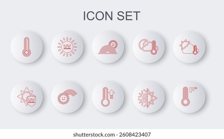 Set line Meteorology thermometer, UV protection, Rainbow with sun, Sun and snowflake,  and  icon. Vector