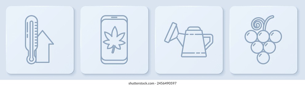 Set line Meteorology thermometer, Watering can, Leaf on mobile phone and Grape fruit. White square button. Vector
