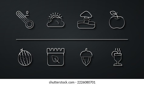 Set line Meteorology thermometer, Watermelon, Apple, Acorn, Calendar with autumn leaves, Sun and cloud weather, Mulled wine and Mushroom icon. Vector