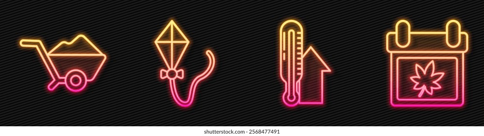 Set line Meteorology thermometer, Wheelbarrow with dirt, Kite and Calendar with autumn leaves. Glowing neon icon. Vector