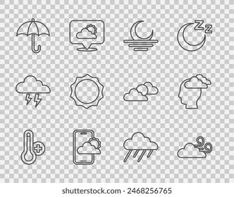 Set line Meteorology thermometer, Windy weather, Sunset, Weather forecast, Umbrella, Cloud with rain and Man having headache icon. Vector