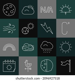 Set line Meteorology windsock wind vane, Sun, Celsius, Not applicable, Earth globe and sun, Wind, Moon and Lightning bolt icon. Vector