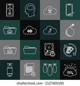 Set line Methane emissions reduction, Refund money, Bomb ready to explode, Music streaming service, Folder upload, Flight mode the mobile and icon. Vector