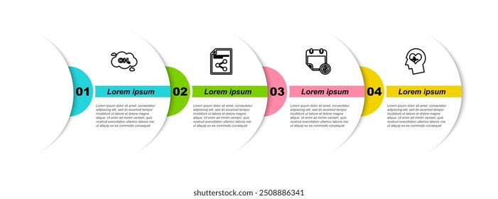 Set line Methane emissions reduction, Share file, Financial calendar and Head with heartbeat. Business infographic template. Vector