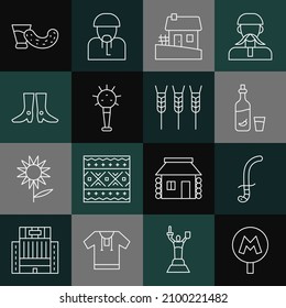 Die Linie U-Bahn oder U-Bahn, mittelalterliches Schwert, Vodka mit Pfeffer und Glas, Ukrainisches Haus, Mace, Schuhe, Glas Wodka und Weizen Symbol. Vektorgrafik