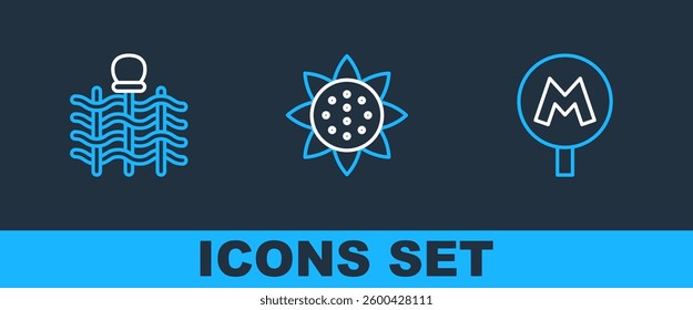 Set line Metro or Underground, Wicker fence and Sunflower icon. Vector