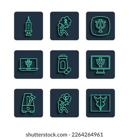 Set line Metronome with pendulum, Broken heart or divorce, Rorschach test, Psychology, Psi, Sedative pills, Psychologist online, Addiction to the drug and  icon. Vector