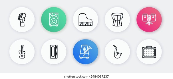 Set line Metronome with pendulum, Conga drums, Electric bass guitar, Saxophone, African darbuka, Grand piano, Guitar amplifier and Harmonica icon. Vector