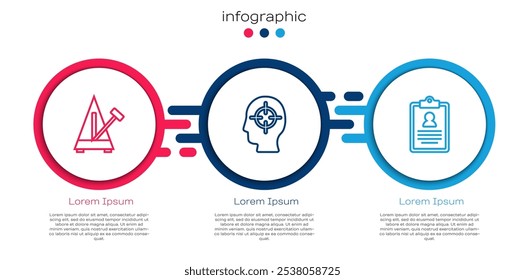 Set line Metronome with pendulum, Finding a problem and Medical clipboard. Business infographic template. Vector