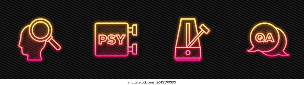 Set line Metronome with pendulum, Finding a problem, Psychology, Psi and Question and Answer. Glowing neon icon. Vector