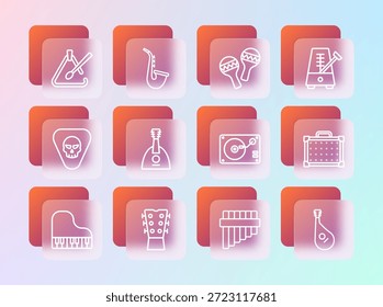 Set line Metronome with pendulum, Guitar neck, Vinyl player vinyl disk, Pan flute, Balalaika, Maracas, Triangle musical instrument and Saxophone icon. Vector