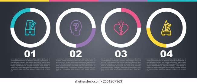 Set line Metronome with pendulum, Head question mark, Broken heart or divorce and . Business infographic template. Vector