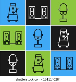 Set line Metronome with pendulum in motion, Microphone and Stereo speaker icon. Vector