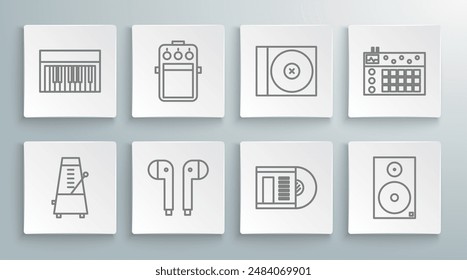 Set line Metronome with pendulum in motion, Guitar pedal, Air headphones, Vinyl disk, Stereo speaker, CD or DVD, Drum machine and Music synthesizer icon. Vector