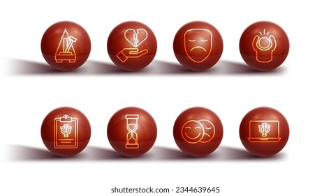 Set line Metronome with pendulum, Psychology, Psi, Anger, Comedy and tragedy masks, Old hourglass, Broken heart or divorce, Psychologist online and Drama theatrical icon. Vector