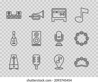 Set line Metronome with pendulum, Tambourine, Guitar amplifier, Microphone, Home stereo, Stereo speaker, Location musical note and  icon. Vector