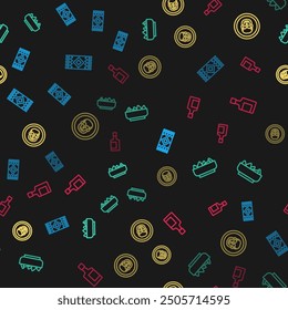 Set line Mexican carpet, Nachos in bowl, skull coin and Tequila bottle on seamless pattern. Vector