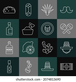 Set line Mexican carpet, sombrero, Maracas, Agave, Nachos in bowl, Tequila bottle, Taco with tortilla and skull coin icon. Vector